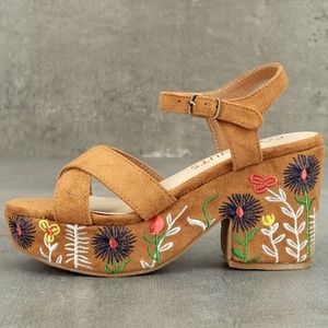 Coconuts Fresh Tan Suede Embroidered Platform